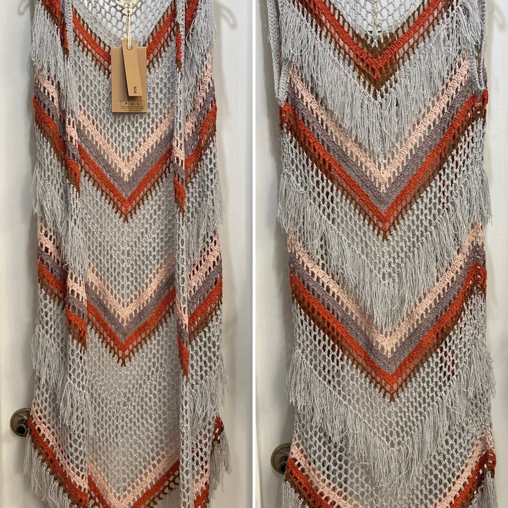 New with tags POL Sleevelss Crochet Open Duster - Small